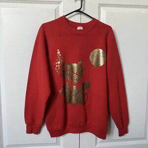 Vintage 1989 Airwave Sweatshirt Womens L Heart Valentine Teddy Bear Gold Graphic